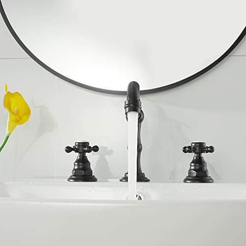 Matte Black Bathroom Faucet 2 Handles 3 Holes Faucet 8 inch Widespread Bathroom Sink Faucet Tap Mixer Supply Hose Included Matching Metal Pop Up Drain - color: Black, style: Ceramic Cover