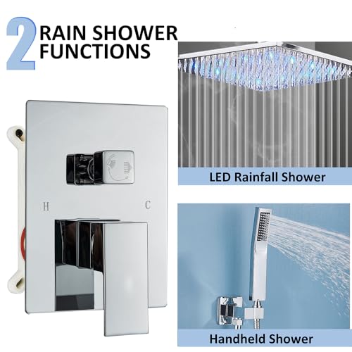 Ceiling Mount Shower Faucet Set 12 Inch LED Rainfall Shower Head Bathroom Rainfall Shower System with Handheld Spray Rough-in Valve Body and Trim Included, Chrome Finished - color: ‎Polished Chrome, style: 12"-led