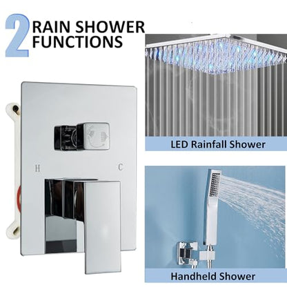 Ceiling Mount Shower Faucet Set 12 Inch LED Rainfall Shower Head Bathroom Rainfall Shower System with Handheld Spray Rough-in Valve Body and Trim Included, Chrome Finished - color: ‎Polished Chrome, style: 12"-led