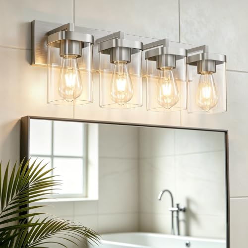 4-Light Bathroom Lighting Fixtures over Mirror, Brushed Nickel Vanity Lights with Square Transparent Glass Shade. Modern Bathroom Vanity Light for Mirror Kitchen, Living Room, Gallery, Hallway - color: Brushed Nickel, size: 4 Lights