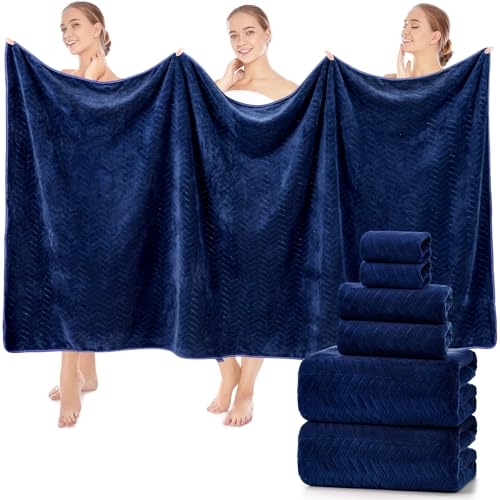 SmoothNovelty Set of 6 Extra Large Bath Towel 40 x 80 Inches Oversized Bath Sheet with 2 Shower Towels 2 Hand Towels 2 Washcloths for Adults Bathroom Spa Gym Quick Dry(Chevron Design,Navy Blue) - color: Navy Blue
