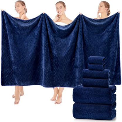 SmoothNovelty Set of 6 Extra Large Bath Towel 40 x 80 Inches Oversized Bath Sheet with 2 Shower Towels 2 Hand Towels 2 Washcloths for Adults Bathroom Spa Gym Quick Dry(Chevron Design,Navy Blue) - color: Navy Blue