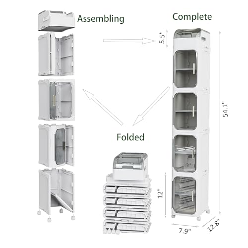 BINSIO 5-Tier Tall Narrow Storage Cabinet, Slim Rolling Storage Cabinet with Clear Doors, Adjustable Shelves, Foldable Organizer for Laundry Room, Kitchen Pantry, Utility Room and Small Spaces - size: 5 Tiers