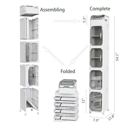 BINSIO 5-Tier Tall Narrow Storage Cabinet, Slim Rolling Storage Cabinet with Clear Doors, Adjustable Shelves, Foldable Organizer for Laundry Room, Kitchen Pantry, Utility Room and Small Spaces - size: 5 Tiers