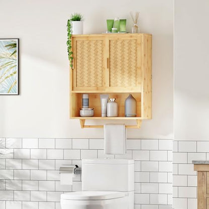 HOOBRO Bathroom Cabinet Wall Mounted, Bamboo Over Toilet Cabinet, Medicine Cabinet with Towels Bar & Adjustable Shelves, 23.6 x 7.9 x 28.5 Inches, for Bathroom, Laundry, Kitchen, Natural YL63CW01