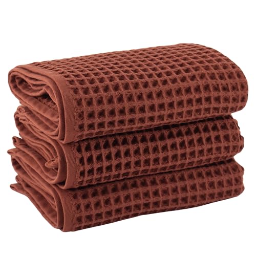 PÜSKÜL Natural 100% Turkish Cotton Waffle Kitchen and Hand Towels, 3-Piece | Brick-Red, 32x16" Large, Premium 3D Honeycomb Weave Soft Absorbent Quick-Dry Lint-Free Dish Towel, Oeko-Tex Made in Turkey - color: Red Brick, size: Kitchen & Hand Towels Pack of