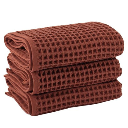 PÜSKÜL Natural 100% Turkish Cotton Waffle Kitchen and Hand Towels, 3-Piece | Brick-Red, 32x16" Large, Premium 3D Honeycomb Weave Soft Absorbent Quick-Dry Lint-Free Dish Towel, Oeko-Tex Made in Turkey - color: Red Brick, size: Kitchen & Hand Towels Pack of