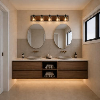 5-Light Bathroom Vanity Lights Large 40" with Bubble Glass Shades | Farmhouse Rustic style, Hand-Painted Brown Wood-Grain Metal Backplate, E26 Ceramic Socket, UL&ETL, mount up/down, over mirror - color: Brown, size: 5-Light