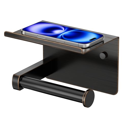 FORIOUS Toilet Paper Holder with Shelf, Adhesive or Screw,Oil Rubbed Bronze | Wall Mount Toilet Paper Roll Holder for Bathroom, Stainless Steel Commercial Toilet Tissue Roll Dispenser with Phone Shelf - color: Oil Rubbed Bronze