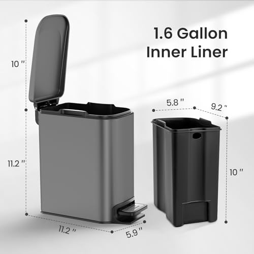Cesun Small Bathroom Trash Can with Lid, 1.6 Gal, Soft Close, Gray | Step pedal soft close, Slim 5.9in fits narrow spaces, Stainless steel, Anti-fingerprint, Removable inner bucket, Odor seal - color: Gray