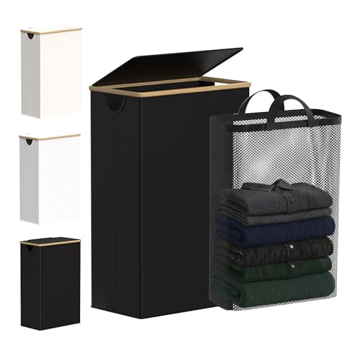 efluky Slim Laundry Basket with Lid, Narrow Laundry Hamper with Removable Bag, Skinny Dirty Clothes Basket with Bamboo Handles for Bathroom, Bedroom & Laundry Room, 75L Black - color: Black, size: 75L