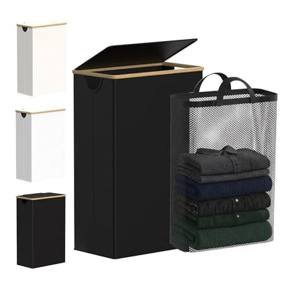 efluky Slim Laundry Basket with Lid, Narrow Laundry Hamper with Removable Bag, Skinny Dirty Clothes Basket with Bamboo Handles for Bathroom, Bedroom & Laundry Room, 75L Black - color: Black, size: 75L