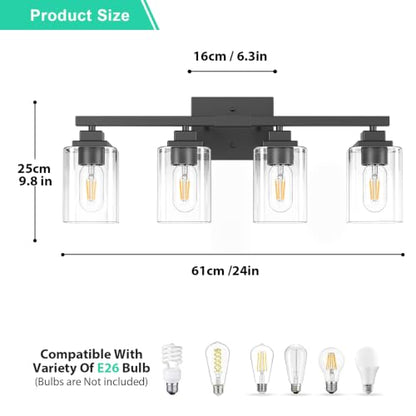 Matte Black Bathroom Vanity Light, 4-Light Modern Vanity Lighting Fixtures Over Mirror with Clear Glass Shade,Square Design,Wall Sconces for Living Room Cabinet Bedroom,E26 Socket - size: 4-Light