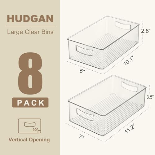 Hudgan Clear Storage Bins 8 Packs for Refrigerator, 4 Large Stackable Pantry Organizer Bins and 4 Medium Storage Plastic Containers for Home Edit, Kitchen, Freezer, Bathroom, Drawers, Shelves - size: 4L+4M