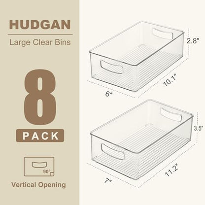 Hudgan Clear Storage Bins 8 Packs for Refrigerator, 4 Large Stackable Pantry Organizer Bins and 4 Medium Storage Plastic Containers for Home Edit, Kitchen, Freezer, Bathroom, Drawers, Shelves - size: 4L+4M