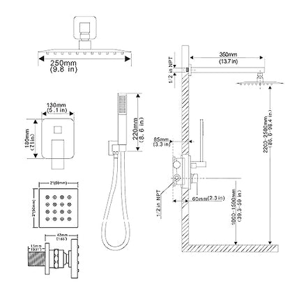 Full Body Shower System Concealed Shower Faucet Set with Body Massage Jets 10 Inch Shower Head Trim Kit 3 Function Wall Mount High Pressure for Bathroom - color: Brushed Nickel, style: 10"- 3 Function