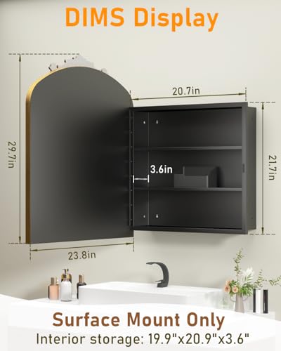 24x30 Inch Bathroom Medicine Cabinet Surface Mounted, Medicine Cabinet with Arched Mirror, Hand-Painted Bronze Aluminum Frame, Baroque Flower Decor, Black Metal Cabinet, 2 Stable & Removable Shelves - size: Frame:24"x30" (Surface Mount Only)