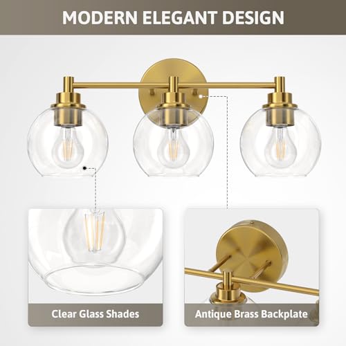 VONLUCE 3 Light Bathroom Vanity Light Fixtures, Gold Finish | Globe Glass Shades, E26 Sockets, Easy to install, Vanity Lights for Bedroom Hallway Living Room - color: Gold, size: 3-Light