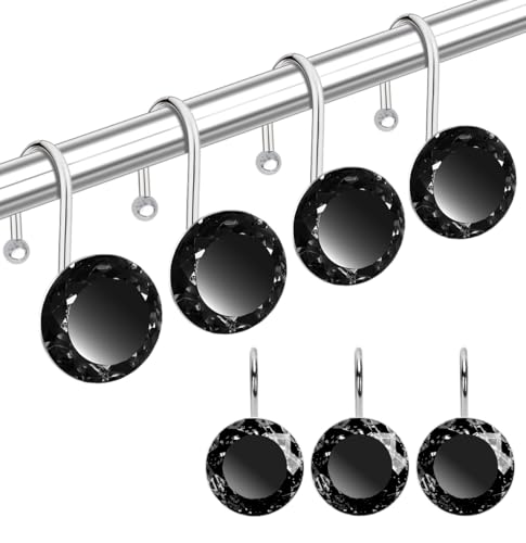 24PCS Shower Curtain Hooks Rings for Bathroom, Round Stainless Steel Rust Proof Crystal Rhinestones Bling Shower Curtain Rings Hangers for Shower Curtains Decorative, Clothing, Towels, etc. (Black) - color: Black, size: 24pcs