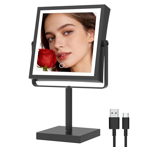 Ruacq Makeup Mirror with Lights, 4000mAh Rechargeable Magnifying Mirror with Light, 1X/10X, Height Adjustable Bathroom Vanity Mirror, 3 Colors, Adjustable Brightness (Matte Black) - color: Matte Black
