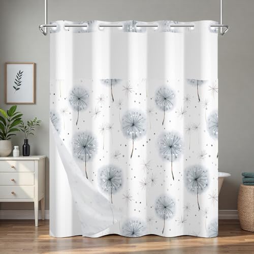 No Hook Shower Curtain and Liner Set, Grey Dandelion Farmhouse Waterproof Shower Curtain with Mesh Top Window and Weighted Hem, Machine Washable Shower Curtains for Bathroom and Hotel, 71" W x 74" L - color: Flying Dandelion