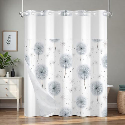 No Hook Shower Curtain and Liner Set, Grey Dandelion Farmhouse Waterproof Shower Curtain with Mesh Top Window and Weighted Hem, Machine Washable Shower Curtains for Bathroom and Hotel, 71" W x 74" L - color: Flying Dandelion
