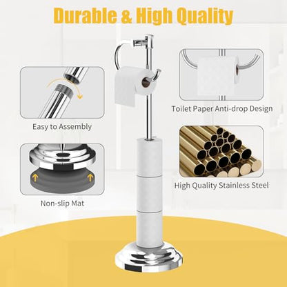 Toilet Paper Holder Floor Stand, Bathroom Freestanding Chrome | Toilet Tissue Roll Holder, Free Standing Rack with Storage, Weighted Base Accessories, SUS304 Stainless Steel Rustproof - color: Chrome
