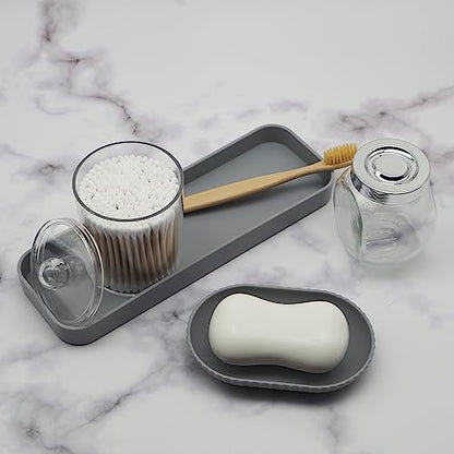 Bathroom Accessory Set, 10 Piece Grey Bathroom Set Complete | Includes Trash Can, Soap Dispenser, Toothbrush Holder, Soap Holder, Tumbler, Toilet Brush, Tray, Qtip Holders, Tissue Cover - color: Grey