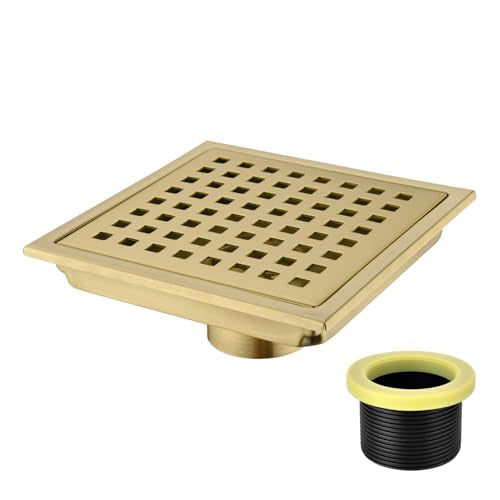 6 inch Stainless Steel Square Shower Floor Drain with Threaded Adapter, Removable Cover Grid Grate, Brushed Gold Brass Finished - color: Brushed Gold
