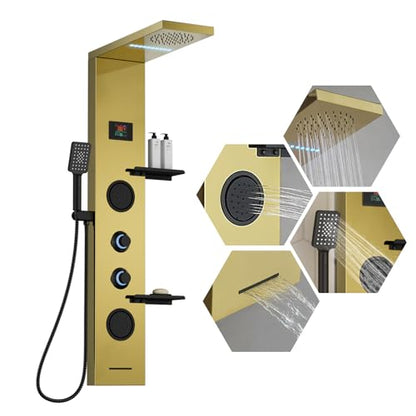 Homevacious 4 In 1 Shower Panel System with Shelf Polished Gold | LED Rain Shower Head Adjustable Massage Body Jets 3 Functions Handheld Head Tub Spout Stainless Steel - color: Polished Gold and Black, style: LED Shower Panel