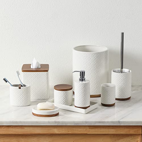 Bathroom Accessories Set, 5-Piece Ceramic and Wood Bath Accessory Complete Set with Lotion Dispenser/Soap Pump, Cotton Jar, Vanity Tray, Tumbler and Toothbrush Holder (White and Beige)