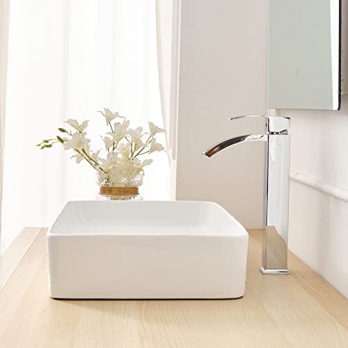 Chrome Vessel Sink Faucet, Waterfall Bathroom Faucets | Brass, Tall Spout, Single Handle 1 Hole Bathroom Faucet, Modern Basin Taps with Supply Line, Pop Up Drain, Without Overflow - color: Chrome, size: Tall