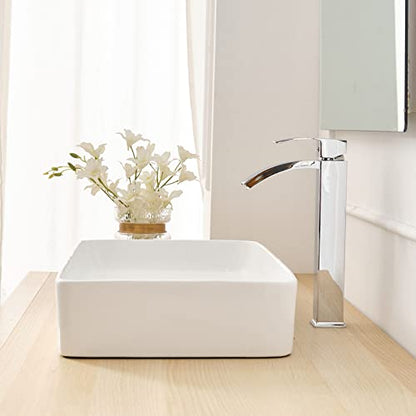 Chrome Vessel Sink Faucet, Waterfall Bathroom Faucets | Brass, Tall Spout, Single Handle 1 Hole Bathroom Faucet, Modern Basin Taps with Supply Line, Pop Up Drain, Without Overflow - color: Chrome, size: Tall