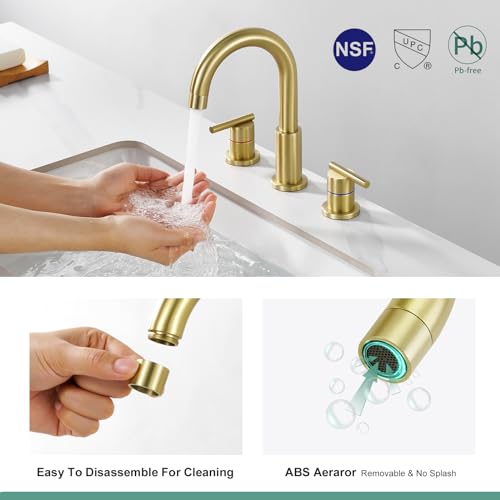 Faustina Gold Faucet Bathroom,Brushed Gold Bathroom Faucets 3 Hole,8 Inch Widespread Bathroom Faucet,4 Inch 12 Inch Bathroom Faucet with Drain Assembly,2-Handle Stainless Steel(Supply Line) - color: Gold, style: Modern Widespread