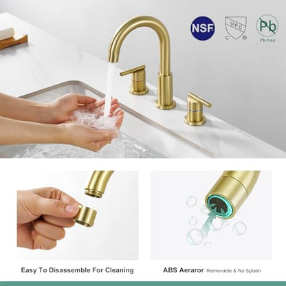 Faustina Gold Faucet Bathroom,Brushed Gold Bathroom Faucets 3 Hole,8 Inch Widespread Bathroom Faucet,4 Inch 12 Inch Bathroom Faucet with Drain Assembly,2-Handle Stainless Steel(Supply Line) - color: Gold, style: Modern Widespread