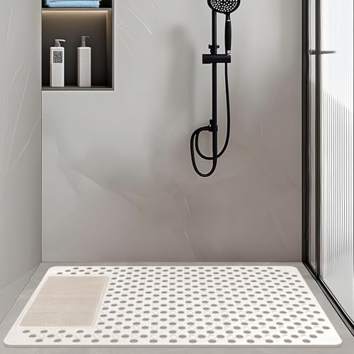 Shower Mat Non Slip: 35.4" x 23.6" Large PVC Heavy Shower Mats for Inside Shower - Quick Dry Shower Foot Scrubber Matt with Drain Hole and Suction Cups for Elderly - color: Creamy White