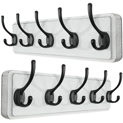 SKOLOO Rustic Wall Mounted Coat Rack, 16 inches Hole to Hole, Case of 2, Pine Solid Wood Coat Hook Hanger - 5 Hooks for Hanging Clothes Robes Towels Coats - color: White Plate & Black Hook, size: 2 Item-5 Hooks