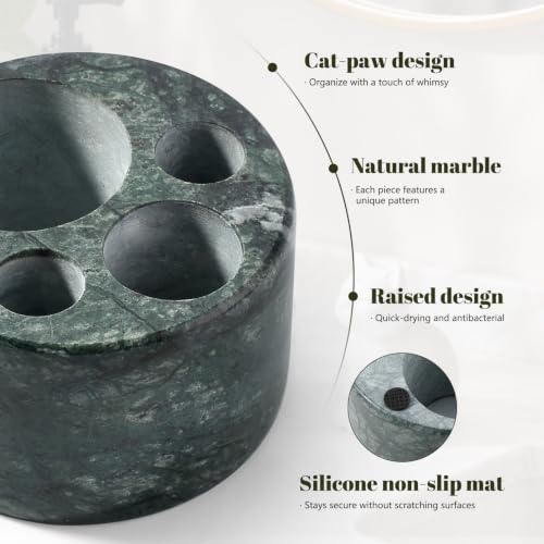 Karibiber Marble Toothbrush Holders, 4 Slots Toothbrush Holders for Bathrooms Countertop, Small Cute Green Kids Toothbrush Organizer, Drainage Toothbrush and Toothpaste Holder Stand Unique Cat Paw