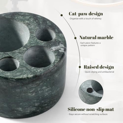 Karibiber Marble Toothbrush Holders, 4 Slots Toothbrush Holders for Bathrooms Countertop, Small Cute Green Kids Toothbrush Organizer, Drainage Toothbrush and Toothpaste Holder Stand Unique Cat Paw