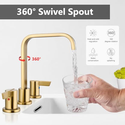 Brushed Gold Bathroom Faucet 3 Hole 8 Inch Widespread Waterfall | 2-Handle Vanity Faucet, Pop-Up Drain, Supply Lines, Adjustable 4- to 16-Inch Widespread Fit, 360° Swivel Spout - color: Brushed Gold