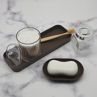 Bathroom Accessory Set, 10 Piece Brown Bathroom Set Complete | Includes Trash Can, Soap Dispenser, Toothbrush Holder, Soap Holder, Tumbler, Toilet Brush, Tray, Qtip Holders, Tissue Cover - color: Brown