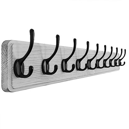SKOLOO Farmhouse Style Large Wall Mounted Coat Rack-38.6'' Long, Pine Solid Wood Coat Hook Hanger - 10 Hooks for Hanging Clothes Robes Towels Coats - color: White Plate & Black Hook, size: 1 Item-10 Hooks