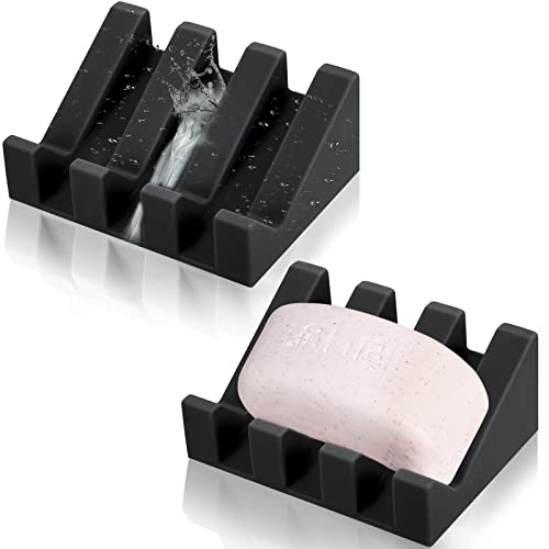 2 Pieces Silicone Soap Dish Self Draining Soap Dish Shower Waterfall Bar Soap Holder Tray with Drain Soap Saver for Kitchen Bathroom Accessories (Black) - color: Black