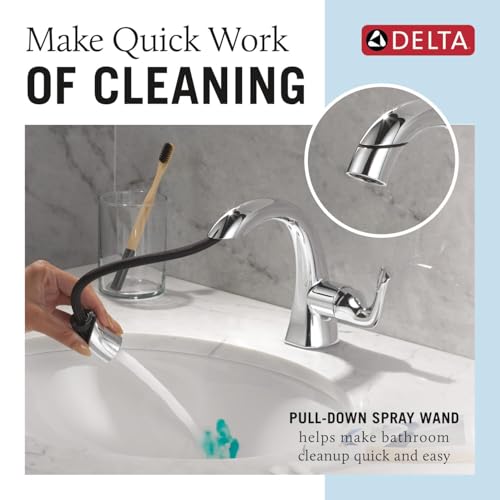 Delta Arvo 1 Hole Pull Down Bathroom Faucet with Sprayer, Chrome Single Hole Bathroom Sink Faucet with Pull Out Sprayer for Vanity, Metal Push-Pop Drain, Chrome 15840LF-PD - color: Chrome