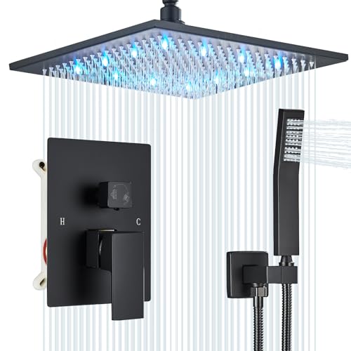 12 Inches Ceiling Mount Shower Faucets Sets Complete Shower System LED Rainfall Shower Head System Rough-in Valve Body and Trim Included Matte Black… - color: Matte Black, style: 12"-led