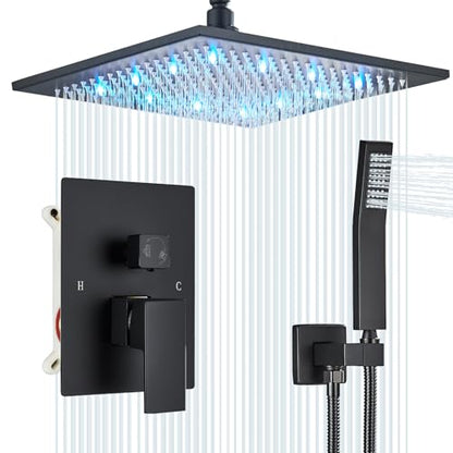 12 Inches Ceiling Mount Shower Faucets Sets Complete Shower System LED Rainfall Shower Head System Rough-in Valve Body and Trim Included Matte Black… - color: Matte Black, style: 12"-led