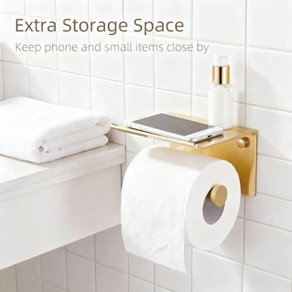 YOUDA Gold Toilet Paper Holder with Shelf Wall Mount - Self-Adhesive No Drill & Screw Mounted, Rust-Resistant Aluminum Space Saving Bathroom Storage