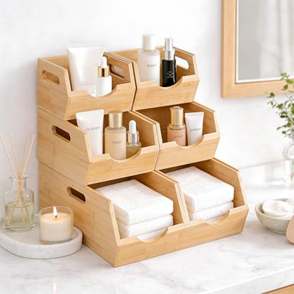 HOMESTEAD 3-Tier Bamboo Pantry Storage Bins – Stackable Potato & Onion Storage Bin with Handles, Fruit Basket & Produce Organizer for Kitchen Countertop, Pantry Organization, Set of 5 - size: 3-Tier ( 5 pack )