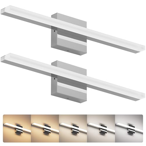 ZAGO 24 Inch Bathroom Linear Vanity Light Fixtures Over Mirror - LED Modern Wall Mounted Adjustable Hardwired Picture Lighting Bar with 5CCT Switchable, ETL & Damp Rated, Chrome, 2 Packs - style: Fixed-Chrome