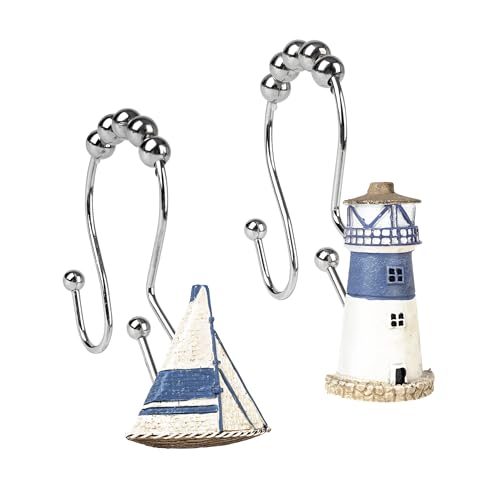 Sunlit Nautical Double Shower Curtain Hooks, Home Decorative Coastal Shower Curtain Rings for Bathroom, Resin, Ocean Shower Curtain Hanger Hooks for Living Room, Set of 12, Blue Lighthouse Sailboat - size: Sailboat & Lighthouse With Double Hooks